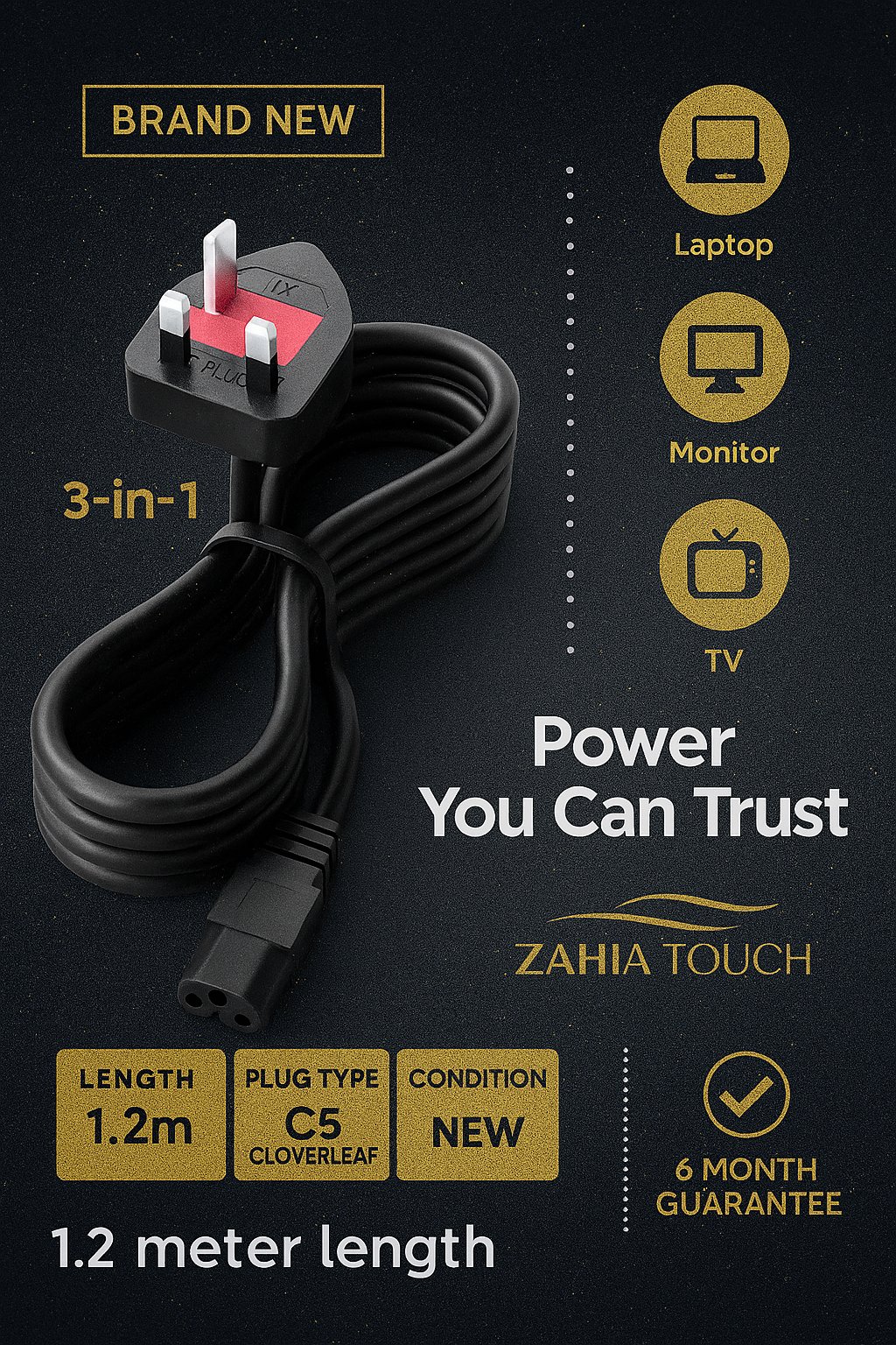 3-Pin Power Cable – C5 Cloverleaf Plug 1.2m (New)